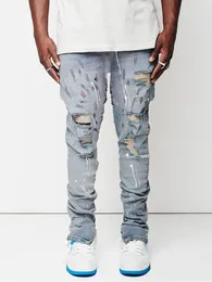 Men's Jeans Design Men Man paint Slim Fit Cotton Ripped Denim pants Knee Hollow Out Light blue for Streetwear 230619