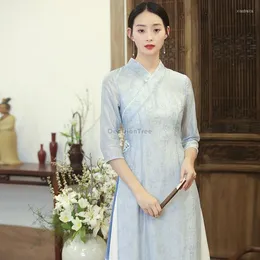 Ethnic Clothing 2023 Summer Female Chinese Style Retro Long Cross Collar Half Sleeve Improved Women Aodai Cheongsam Dress Zan Clothes