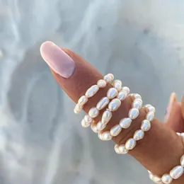 Cluster Rings Natural Imitation Pearl Beaded Ring Round Geometric Adjustable Elastic Rope For Women Finger Boho Jewlery Gift 2023