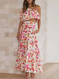 Два платья платья Wildpinky Fomens Printed Summer Twopiece Set One Plouds Ruffles Women Tops и длинная юбка Aline 230619