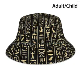 ベレー帽Black Gold Hieroglyphics Bucket Hat Sun Cap Egyptian Hieroglyphs折りたたみ可能な屋外漁師