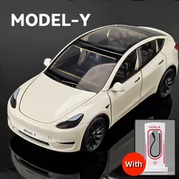 Diecast Model Car 1 24 Model Y Com Charging Pile Alloy Car Model Diecast Metal Toy Simulation Sound and Light Childrens Collectibles Gifts 230617