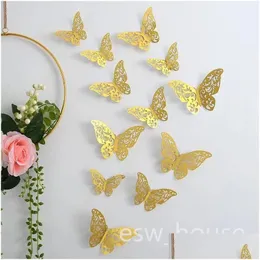 Pegatinas de pared Mariposas doradas Decoraciones Pegatina 12 Unids / lote 3D Calcomanías huecas Diy Hogar Extraíble Mural Decoración Drop Delivery Garde Dhxio