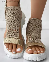 Sandals Women Sandals Braided Geometric Platform Wedge Sandals Knitted Elastic Summer Slippers Mesh Flat Sandals Hollow Female Shoes T230619