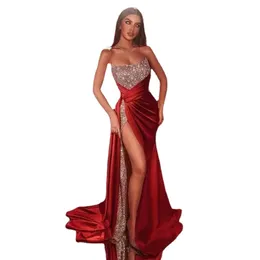 Szmaragdowe czerwone sukienki wieczorowe z ramion kryształ diamentowy arabski wieczorne sukienki imprezowe długie boczne rozcięcie Dubai sukienki na studniowe Chiny