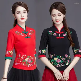 Ethnic Clothing Style Kobiety Top Spring Chinese Retro Cropped Rękaw Bawełniany T-shirt haftowany stojak na stojak Koszulka