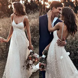 2019 Bohemian Wave Wedding Dresses Spaghetti Neckline Backless Beach Bridal Gowns Tulle Country Wedding Dress Vestido De Novia273o