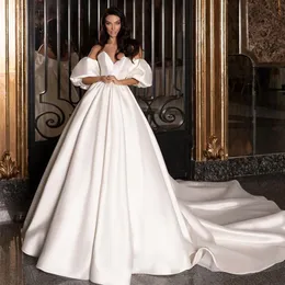 Zakasyfikowane liniowe sukienki ślubne z krótkim rękawem V Szyjki ślubne Siek
