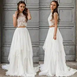 Vestido de Noiva Boho Sexy de Duas Peças 2021 Crop Top Chiffon Verão Praia Jardim Vestidos de Noiva até o Chão Bohemian Country Bridal Gow291o