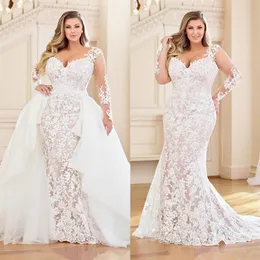 Affascinante sirena plus size abiti da sposa in pizzo con treno staccabile scollo a cuore maniche lunghe abiti da sposa sweep treno veste d281M