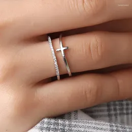 Cluster Rings Simple Multi Layer Rose Gold Color Cross Ring Elegant Female Wedding Party Opening Adjustable Fashion Christian Gifts