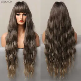 Ombre Black Brown Synthetic Wigs with Full Bangs Long Deep Wavy Wigs for Women Cospaly Daily Party Faker Hair Heat Resistant L230520