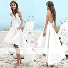 Abiti da sposa corti alti bassi 2022 Una linea Summer Beach Boho Abiti da sposa Una linea in raso senza spalline senza spalline Abiti da festa BC0353123