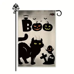 1 Stück, Boo Halloween Black Cat Leinen Willkommen Gartenflagge (12 x 18 Zoll) Herbst Hof Outdoor Bauernhaus Dekorationen, wasserdichter doppelseitiger Druck,