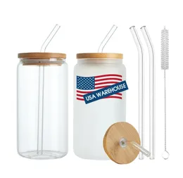 USA CA 16 unz Frosted Clear Sublimation Glass Can Tumbler Clear Jar z bambusową pokrywką szeroko usta puchar piwa festiwalowy