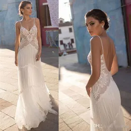 Gali Karten Bohemian A Line Vestidos de noiva Alças finas Ilusão Renda Tule Applique Sweep Train Boho Vestido de noiva Noiva Go277k