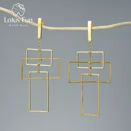 Lampadario pendente Lotus Fun Real 925 Sterling Silver Fine Jewelry Fashion Elements Oro 18 carati Geometic Design rettangolare Orecchini pendenti per donna 230617