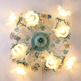 천장 조명 펜던트 램프 LED 아트 샹들리에 가벼운 파란색 꽃 생물 고정구 금속 장미 소녀 침실 D60cm H25cm 서리가 달린 유리
