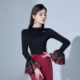 무대웨어 2023 Long Sleeve Latin Dance Tops Lace Up Flared Cuffs 볼룸 탱고 공연 의상 여성 Waltz 연습 YS2286