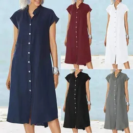 Basic Casual Dresses Womens Buttondown Cotton Linen Loose Dress with Pocket Ladies Solid Buttoned Cover UP Shirt 230619