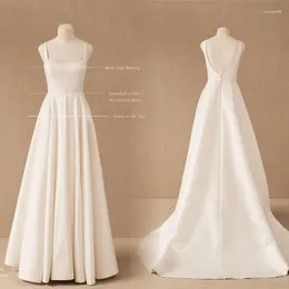 Wedding Dress Classic Satin Spaghetti Strap Sleeveless Square Neck Simple Bridal Gown Sexy Backless Short A-line Train With Bow