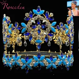 헤어 클립 Barrettes Baroque Full Round Miss World Crown Tiara with Blue Crystal S Princess Queen Re3021 230619