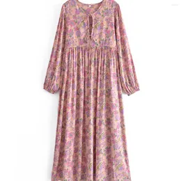 Abiti casual Rayon Cotton Summer Sundress Long Sleeve Pink Floral Print Nappa Cintura Beach Bohemian Maxi Dress Ladies