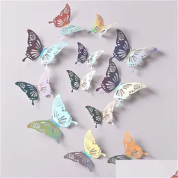 ملصقات الجدار 12pcs/Lot 3D Hollow Butterfly Sticker 3 أحجام ذهبية وردية الفراشات Sier Decals القابلة للإزالة ديكور إسقاط تسليم المنزل Gard Dhtcv