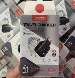 Carregador USB 28W PD Quick Charge 3.0 2 portas Carregamento rápido tipo C para iPhone Samsung Xiaomi Huawei Adaptador de iluminação LED com caixa