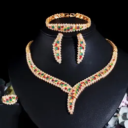 Pins Brooches CWWZircons Heavy Stone Work Colorful Cubic Zirconia Luxury 4pcs Wedding Jewelry Set for Brides African Indian Gold Plated T653 230619