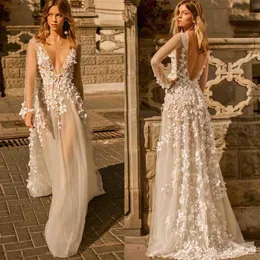 2020 Fall Berta Wedd Wedder Dress Aregh Long Long Lunging v Deck Bridal Ordals Sexy Illusion 3D Thipique Backless Boho Wedding Dress286B