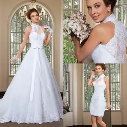 2016 Cheap Elegant A Line High Neck Wedding Dress Detachable Skirt Wedding Dresses Sweep Train Beach Bridal Gowns vestido de noiva183v