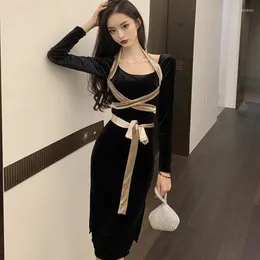 Casual Dresses WDMSNA Hanging Neck Dress Women Autumn And Winter Sexy Square Lace Up Pleated Velvet Robe Korean Simple Black Vestidos