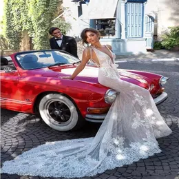 Elihav Sasson 2020 Abiti da sposa a sirena con impacchi Backless Sexy Scollo profondo Abiti da sposa da spiaggia Abito da sposa con applicazioni di pizzo242Y