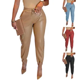 2022 primavera/verano Color sólido cordón mujer pantalones de cuero ecológico con bolsillo PU cuero Casual moda Leggings cuero
