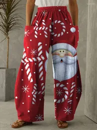 Women's Pants Women Loose Summer Santa Claus Printing Wide Leg Christmas Party Red High Waisted Trousers Stacked