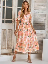 Grundläggande avslappnade klänningar Wildpinky Womens Summer Dress Elegant Floral Print Vintage Long High Midje Puff Sleeve For Women Vestido 230619