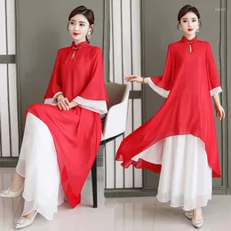Ethnische Kleidung 2023 Sommer Frauen 2 stücke Set Chinesischen Stil Rot Zen Kleid Lose Breite Bein Hosen Sets Kleidung Für