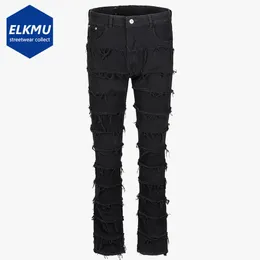 Erkekler Kot Yuvarlak Sıkıntılı Püskül Kot pantolon Hi Street Fashion Black Slim Y2K Jeans Erkekler Hip Hop Street Giyim Denim Pantolon