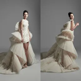 2020 Krikor Jabotian Brautkleider mit abnehmbarer Schleppe, Tüllrüschen, gestufte Röcke, High-Low-Hochzeitskleid nach Maß Abiti Da283C