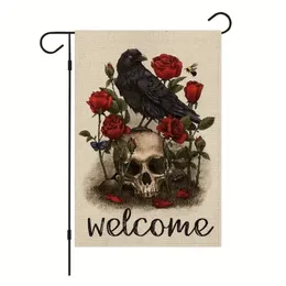 1pc ، Halloween Dark Garden Flag Linen 12*18in Rose Skull Crow مرحبًا بافتة زخرفة الساحة