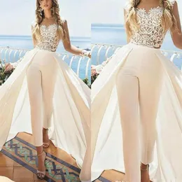 Sukienki ślubne Jumps z odłączoną klejnotami klejnotami szyi koronkowa aplikacja iluzja długie rękawy ślubne suknie ślubne na zamówienie abiti da 258g