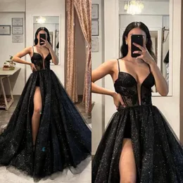 Sexy schwarze Ballkleider, Träger, Applikationen, Glitzer, Party-Abendkleider, geteilt, formal, roter Teppich, langes Kleid für besondere Anlässe