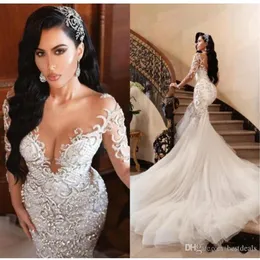 2022 Luksusowe arabskie sukienki ślubne syrenki Dubai Blish Crystals Długie rękawy suknie ślubne Train Train Spódnica De MA191N