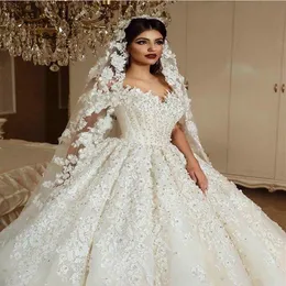 Luxury 3D spetsblommor från axelbollklänningen bröllopsklänningar vintage prinsessa saudiarabiska dubai plus storlek brudklänning247j