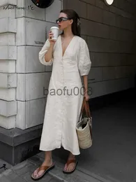 Casual Dresses Mnealways18 Elegant Beige Women Linen Dress Puff Sleeve Long Backless Button Dress Ladies V-Neck Cotton Dresses Soft Summer 2023 J230619