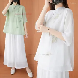 Roupas étnicas 2023 Tradicional Chinesa Vintage Hanfu Tops Feminino Elegante Flor Bordada Chiffon Blusa Qipao Retro Zen Camisa