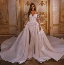 Vestido de casamento sereia com saia destacável apliques trompete árabe vestidos de noiva mangas compridas boêmio robe de soiree