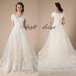 A-Line Lace Tulle Vintage Modest Wedding Dresses مع الأكمام القصيرة الأكمام الرسمية البلد الغربي فساتين الزفاف المعبد Bridal2635