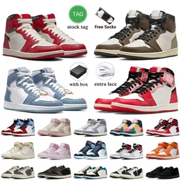 2023 Kvinnor Mens med Box 1S Basketball Shoes High OG Chicago Lost and Found Jumpman 1 Cactus Jack Travis Denim Nästa kapitel Spiders-Ve-Patent Bred Sneakers Trainers